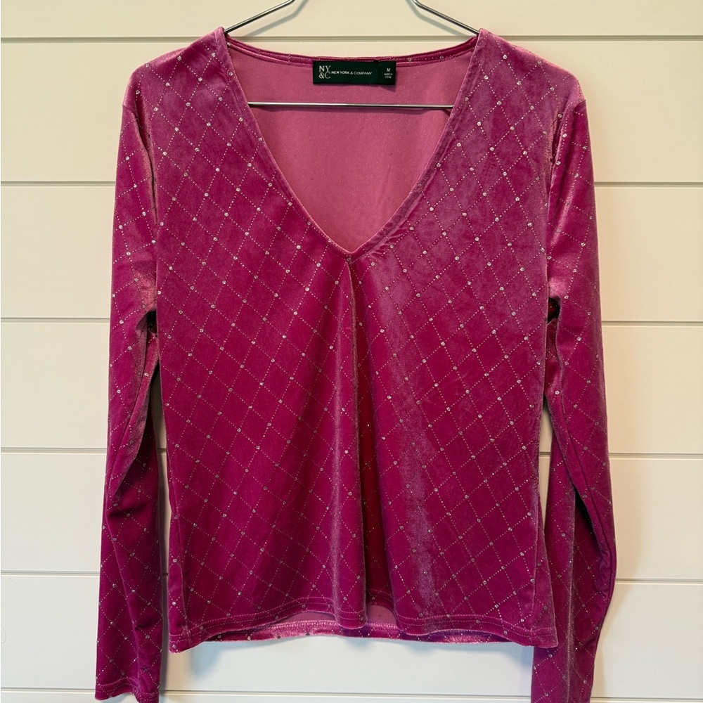 New York & Company Fuchsia Velvet Sparkle Long Sleeve Top Pretty Princess - M